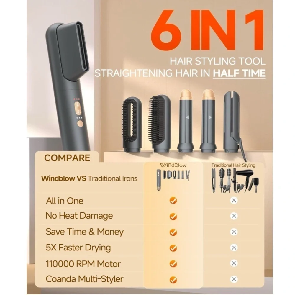 Hair Dryer Brush 6 in 1 Air Styling & Drying Multi-Styler Auto-Wrap Curlers #AM9
